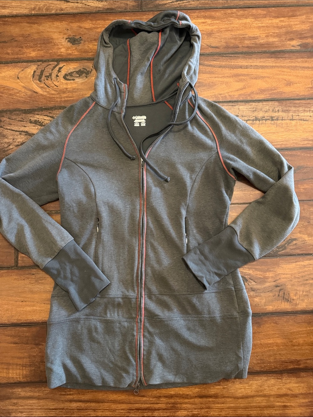 Columbia Like New Gray Hooded Zip Jacket with Coral Trim